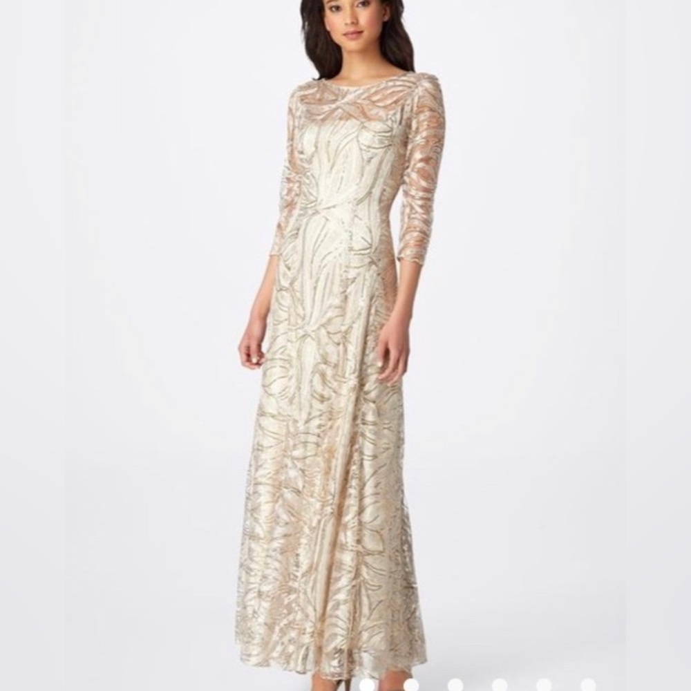 Tahari Elegant Champagne Gold Sequined Evening Dress, Size 12